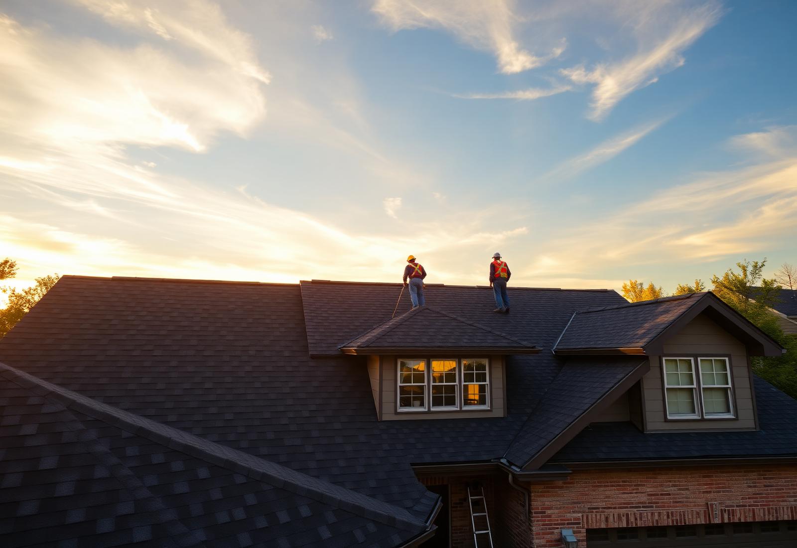 AJ's Roofing crew installing a new asphalt-shingle roof on a Tennessee home at golden hour